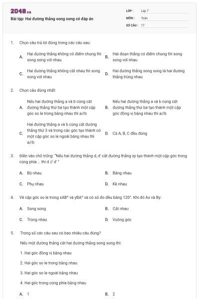 Bài tập: Hai đường thẳng song song có đáp án