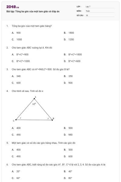 Bài tập: Tổng ba góc của một tam giác có đáp án