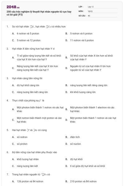 200 câu trắc nghiệm lý thuyết Hạt nhân nguyên tử cực hay có lời giải (P3)