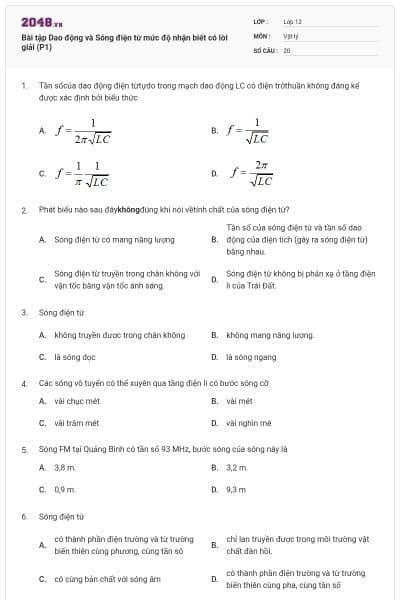 Bài tập Dao động và Sóng điện từ mức độ nhận biết có lời giải (P1)