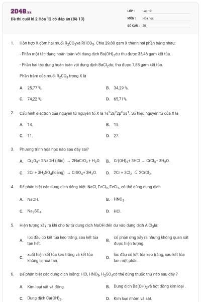 Đề thi cuối kì 2 Hóa 12 có đáp án (Đề 13)