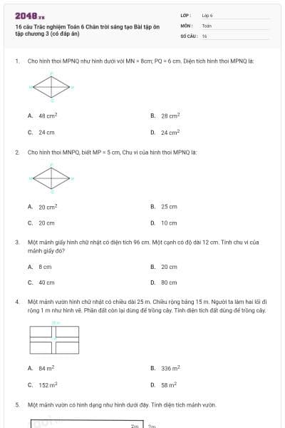 16 câu Trắc nghiệm Toán 6 Chân trời sáng tạo Bài tập ôn tập chương 3 (có đáp án)
