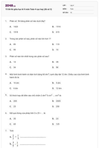 15 Đề thi giữa học kì II môn Toán 4 cực hay (đề số 3)