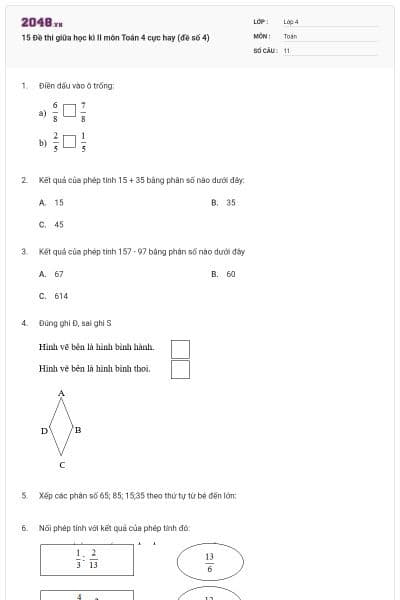 15 Đề thi giữa học kì II môn Toán 4 cực hay (đề số 4)
