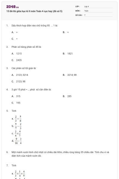 15 Đề thi giữa học kì II môn Toán 4 cực hay (đề số 5)