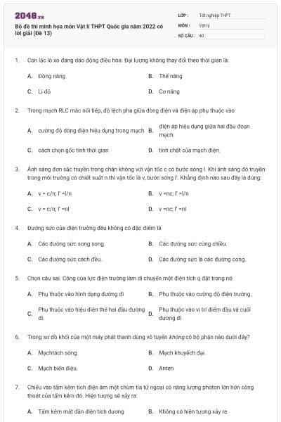 Bộ đề thi minh họa môn Vật lí THPT Quốc gia năm 2022 có lời giải (Đề 13)