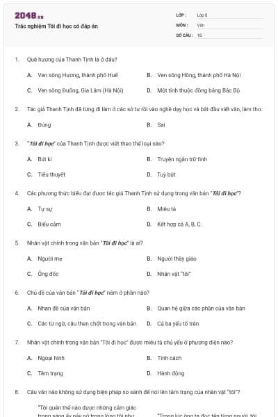 Trắc nghiệm Tôi đi học có đáp án