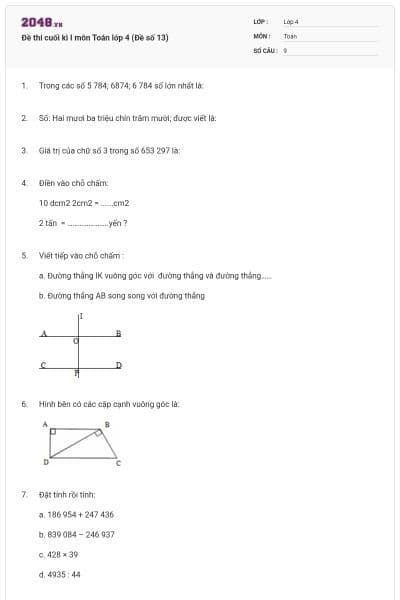 Đề thi cuối kì I môn Toán lớp 4 (Đề số 13)