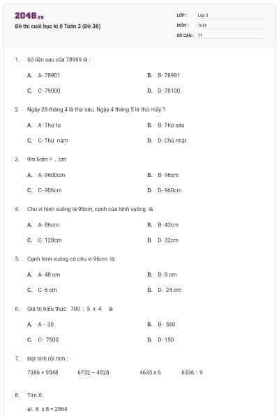 Đề thi cuối học kì II Toán 3 (Đề 38)