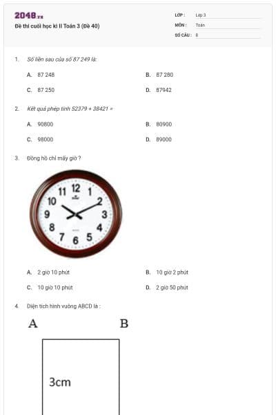 Đề thi cuối học kì II Toán 3 (Đề 40)
