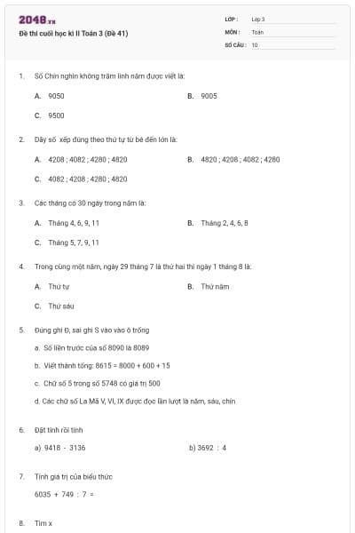 Đề thi cuối học kì II Toán 3 (Đề 41)