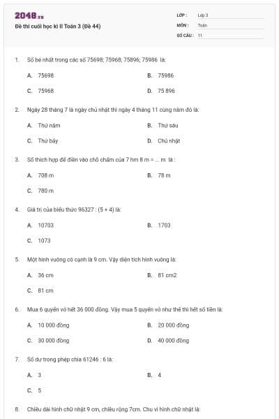 Đề thi cuối học kì II Toán 3 (Đề 44)