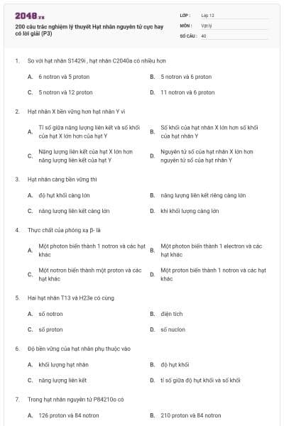200 câu trắc nghiệm lý thuyết Hạt nhân nguyên tử cực hay có lời giải (P3)
