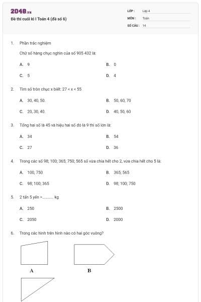 Đề thi cuối kì I Toán 4 (đề số 6)