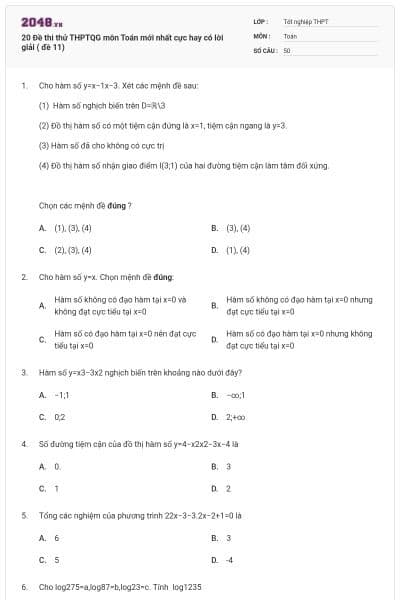 20 Đề thi thử THPTQG môn Toán mới nhất cực hay có lời giải ( đề 11)