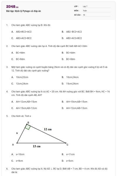 Bài tập: Định lý Pytago có đáp án