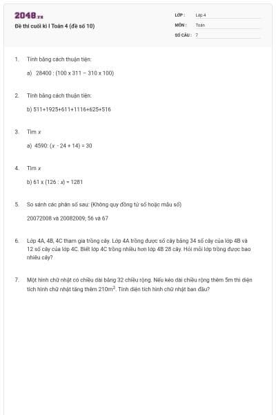 Đề thi cuối kì I Toán 4 (đề số 10)