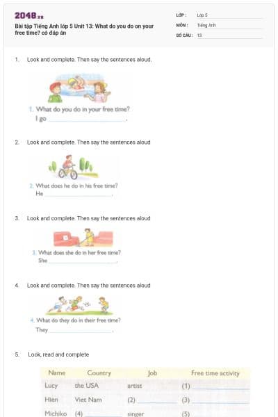Bài tập Tiếng Anh lớp 5 Unit 13: What do you do on your free time? có đáp án