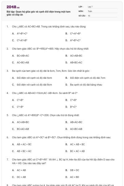 Bài tập: Quan hệ giữa góc và cạnh đối diện trong một tam giác có đáp án