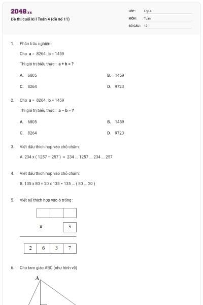 Đề thi cuối kì I Toán 4 (đề số 11)