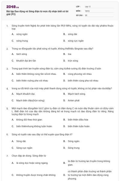 Bài tập Dao động và Sóng điện từ mức độ nhận biết có lời giải (P2)