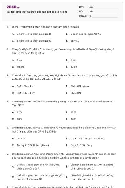 Bài tập: Tính chất tia phân giác của một góc có đáp án