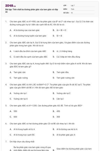 Bài tập: Tính chất ba đường phân giác của tam giác có đáp án