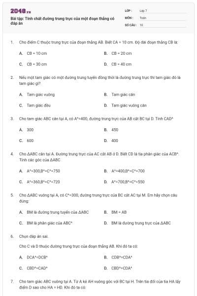 Bài tập: Tính chất đường trung trực của một đoạn thẳng có đáp án