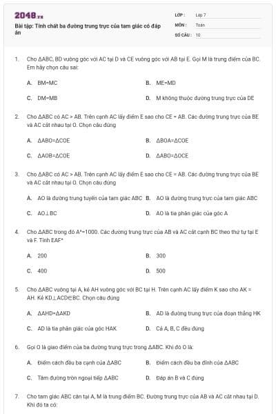 Bài tập: Tính chất ba đường trung trực của tam giác có đáp án