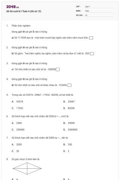 Đề thi cuối kì I Toán 4 (đề số 12)