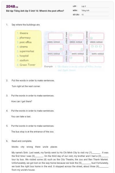 Bài tập Tiếng Anh lớp 5 Unit 16: Where's the post office?