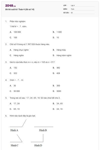 Đề thi cuối kì I Toán 4 (đề số 14)