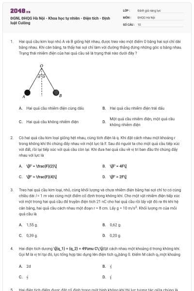 ĐGNL ĐHQG Hà Nội - Khoa học tự nhiên - Điện tích - Định luật Culông
