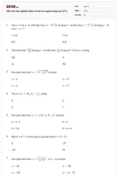 200 câu trắc nghiệm Hàm số mũ và Logarit nâng cao (P1)