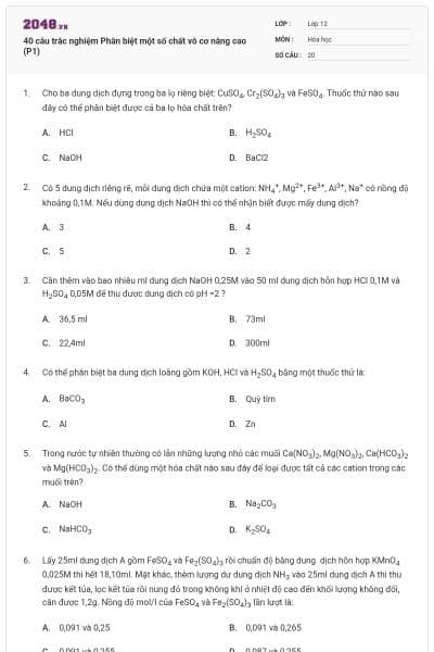 40 câu trắc nghiệm Phân biệt một số chất vô cơ nâng cao (P1)