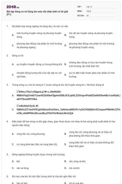 Bài tập Sóng cơ và Sóng âm mức độ nhận biết có lời giải (P1)