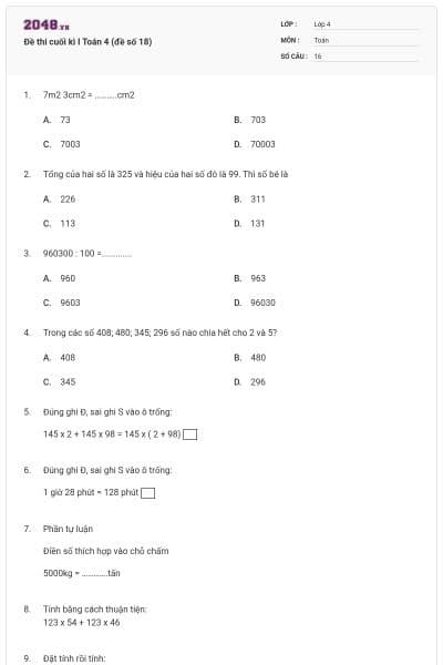 Đề thi cuối kì I Toán 4 (đề số 18)