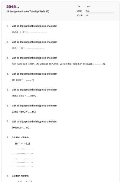 Đề ôn tập ở nhà môn Toán lớp 5 (đề 10)