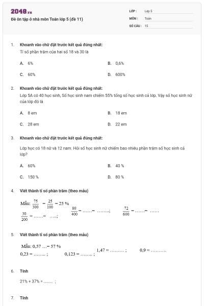 Đề ôn tập ở nhà môn Toán lớp 5 (đề 11)