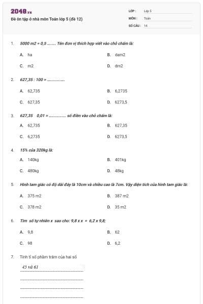 Đề ôn tập ở nhà môn Toán lớp 5 (đề 12)
