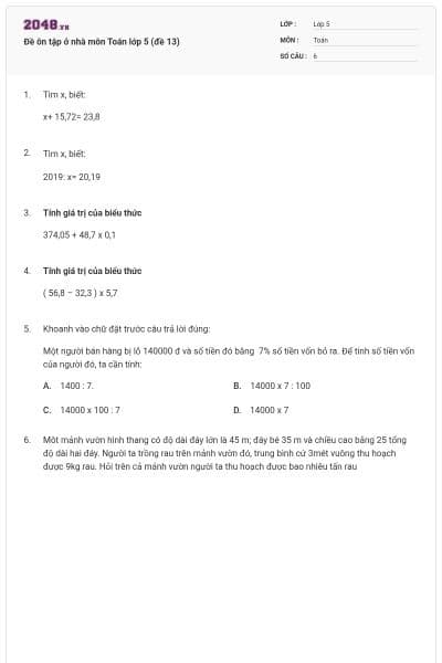 Đề ôn tập ở nhà môn Toán lớp 5 (đề 13)