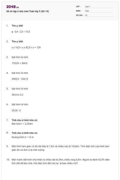 Đề ôn tập ở nhà môn Toán lớp 5 (đề 14)