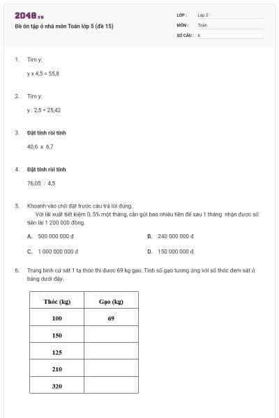 Đề ôn tập ở nhà môn Toán lớp 5 (đề 15)