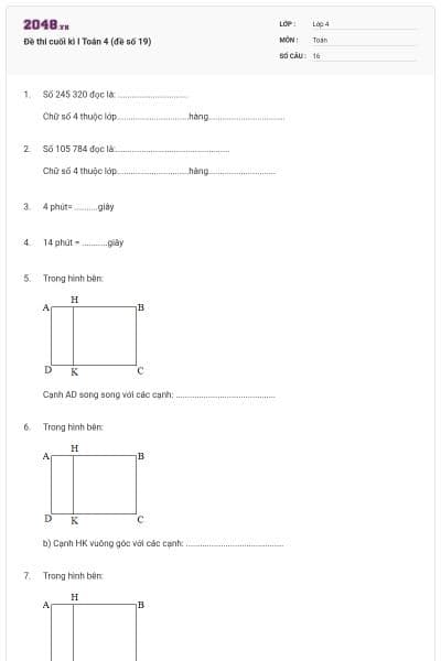 Đề thi cuối kì I Toán 4 (đề số 19)