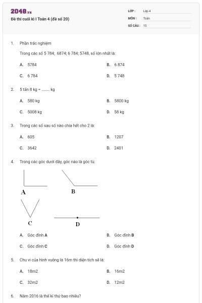 Đề thi cuối kì I Toán 4 (đề số 20)