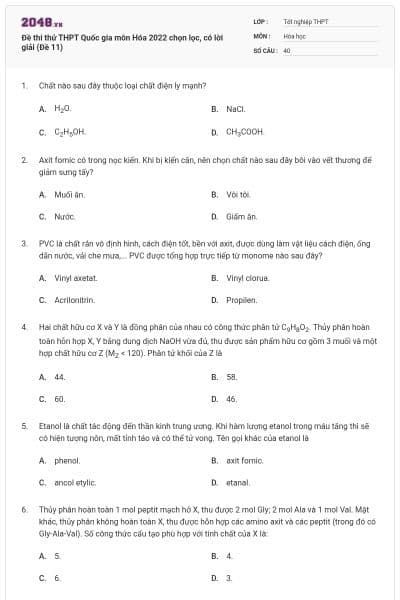Đề thi thử THPT Quốc gia môn Hóa  2022 chọn lọc, có lời giải (Đề 11)