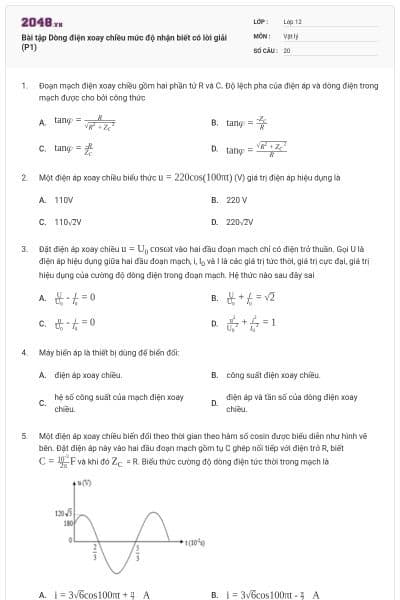 Bài tập Dòng điện xoay chiều mức độ nhận biết có lời giải (P1)