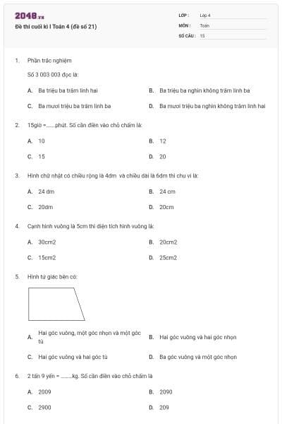 Đề thi cuối kì I Toán 4 (đề số 21)