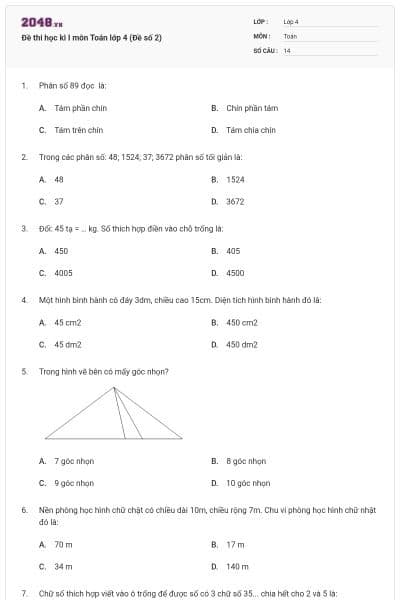 Đề thi học kì I môn Toán lớp 4 (Đề số 2)