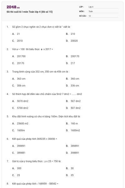Đề thi cuối kì I môn Toán lớp 4 (Đề số 15)